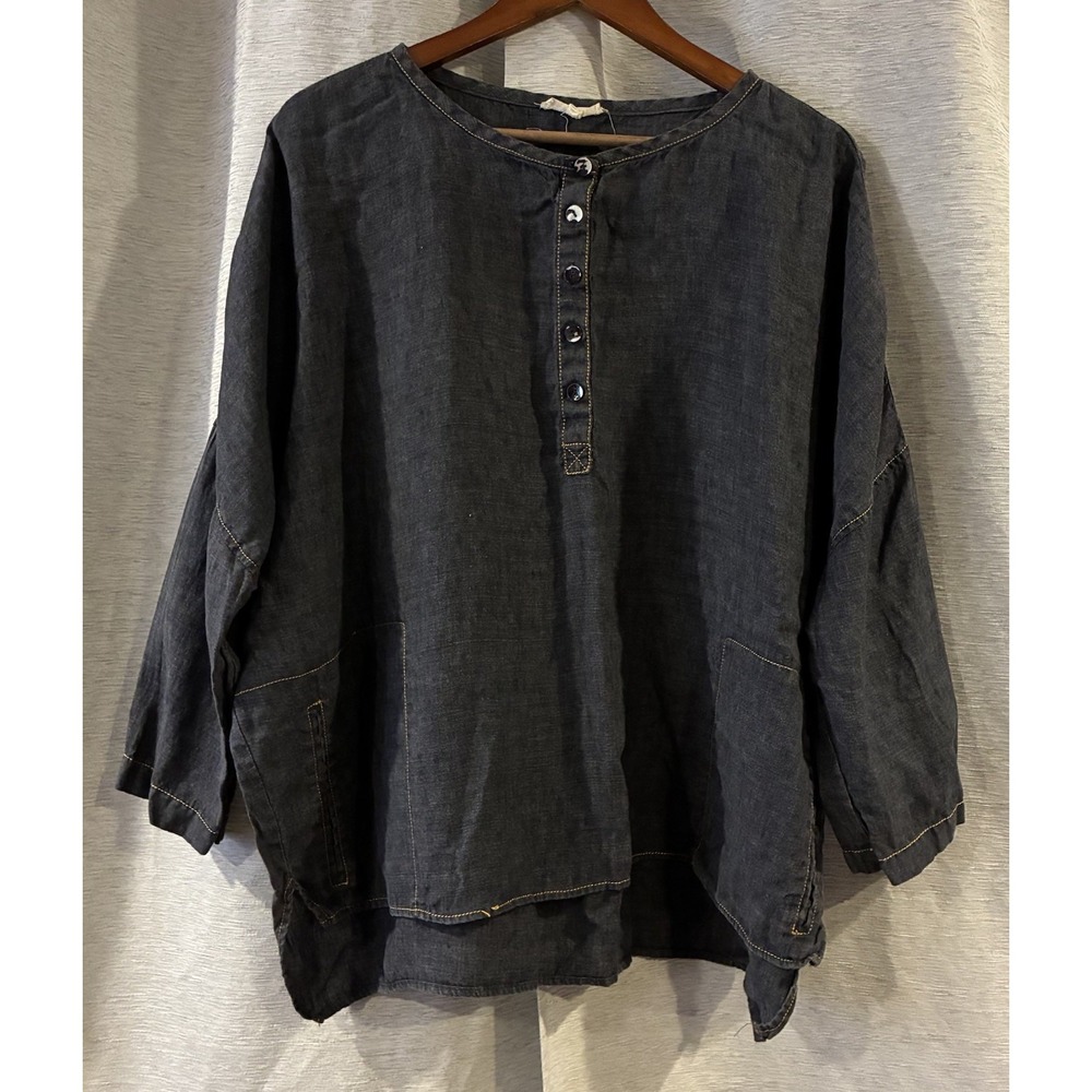 Eileen Fisher Slate Gray Blue Linen Button Down Tunic Top Large Quiet Luxury